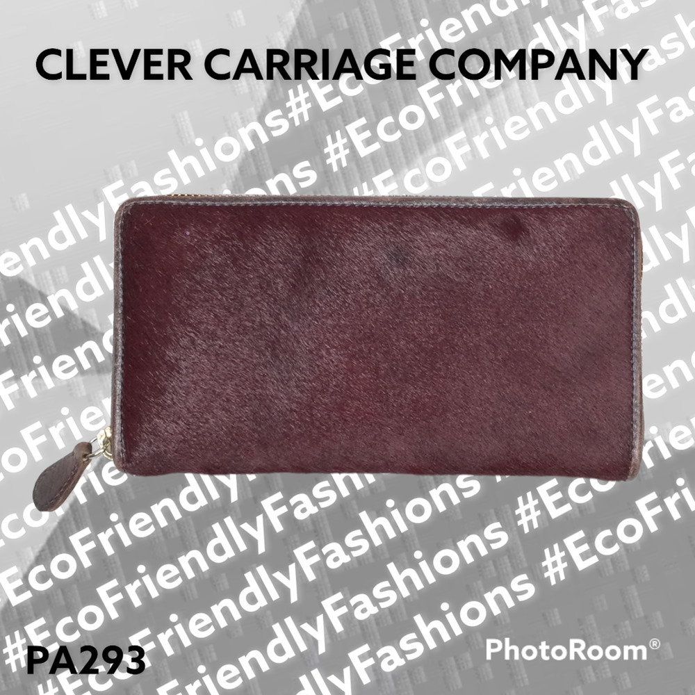 Clever Carriage Company Womens Calf Hair Leather Fur Zip- Around Wallet Burgundy - Picture 2 of 6